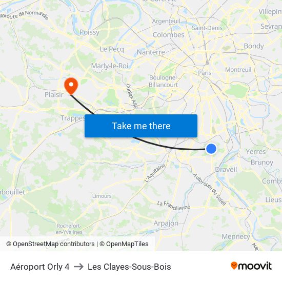 Aéroport Orly 4 to Les Clayes-Sous-Bois map