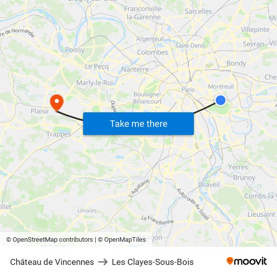 Château de Vincennes to Les Clayes-Sous-Bois map