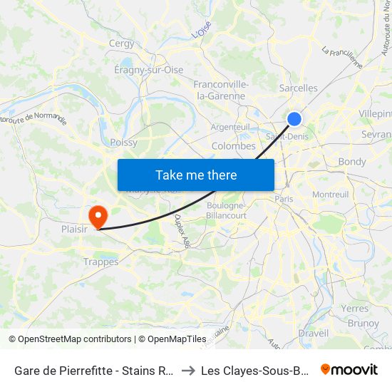 Gare de Pierrefitte - Stains RER to Les Clayes-Sous-Bois map