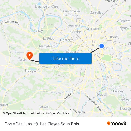 Porte Des Lilas to Les Clayes-Sous-Bois map