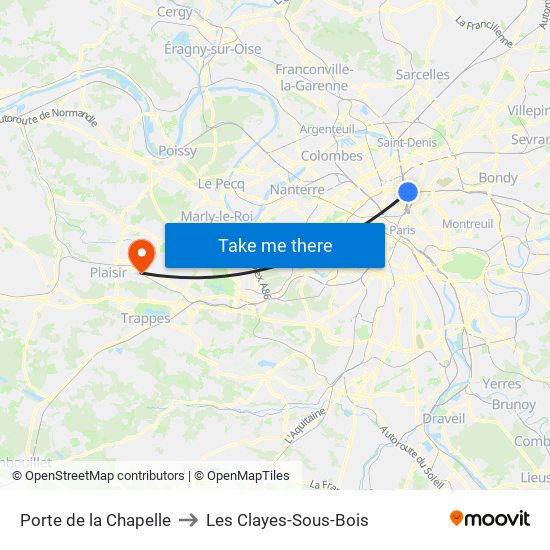 Porte de la Chapelle to Les Clayes-Sous-Bois map
