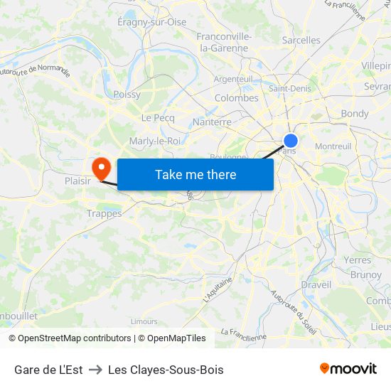 Gare de L'Est to Les Clayes-Sous-Bois map