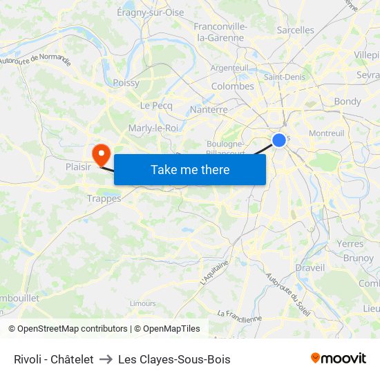 Rivoli - Châtelet to Les Clayes-Sous-Bois map
