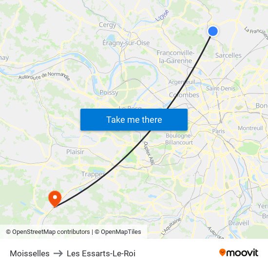 Moisselles to Les Essarts-Le-Roi map