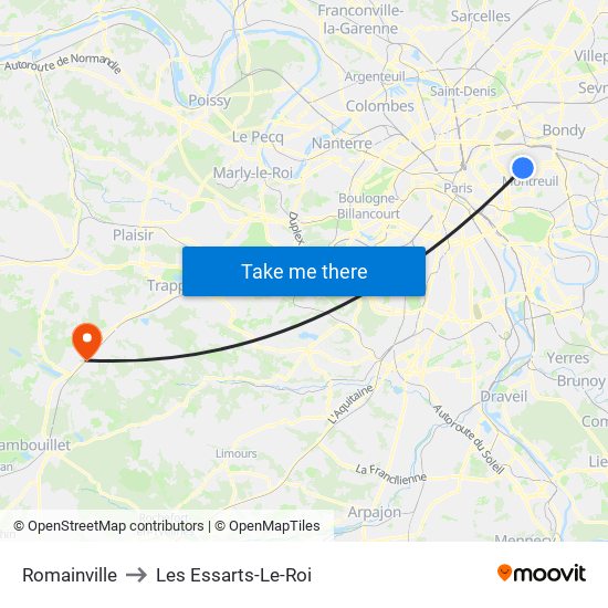 Romainville to Les Essarts-Le-Roi map