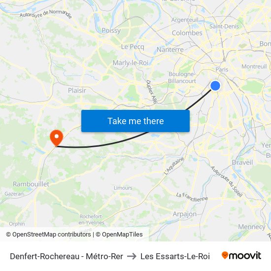 Denfert-Rochereau - Métro-Rer to Les Essarts-Le-Roi map