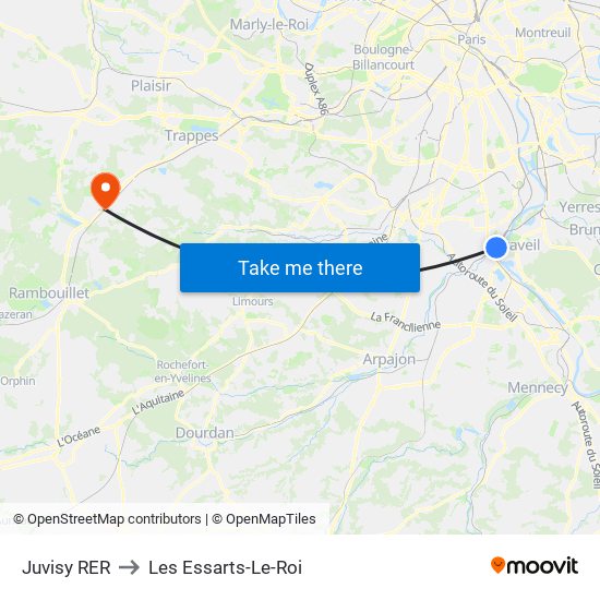 Juvisy RER to Les Essarts-Le-Roi map