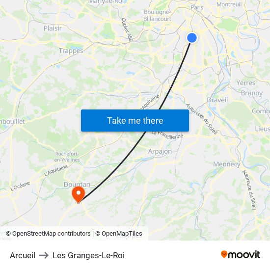 Arcueil to Les Granges-Le-Roi map