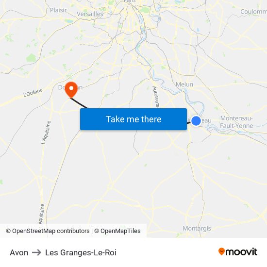 Avon to Les Granges-Le-Roi map