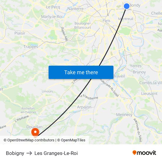 Bobigny to Les Granges-Le-Roi map