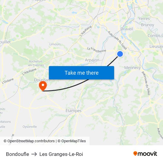 Bondoufle to Les Granges-Le-Roi map