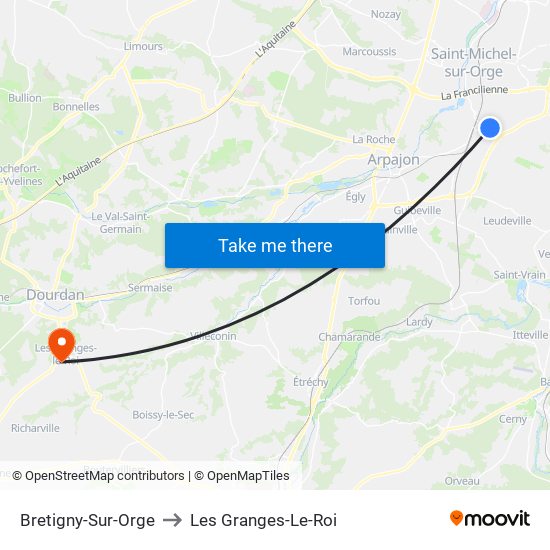 Bretigny-Sur-Orge to Les Granges-Le-Roi map