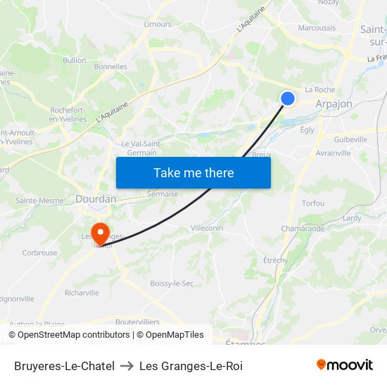 Bruyeres-Le-Chatel to Les Granges-Le-Roi map