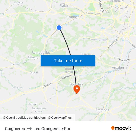 Coignieres to Les Granges-Le-Roi map