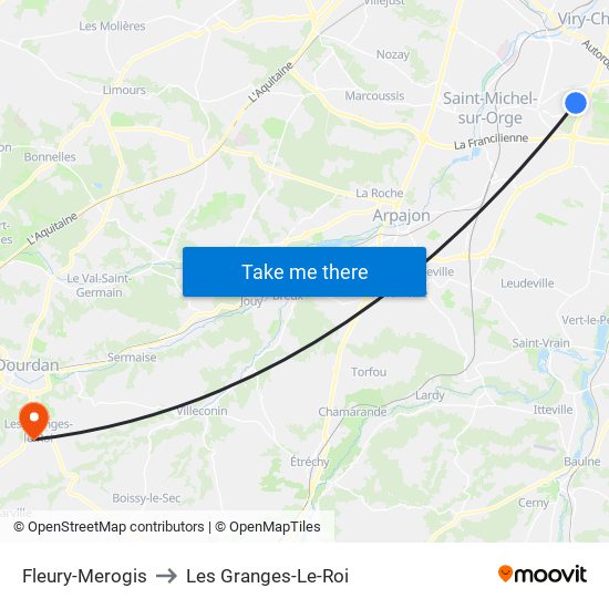 Fleury-Merogis to Les Granges-Le-Roi map