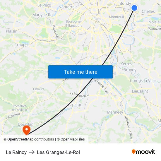 Le Raincy to Les Granges-Le-Roi map