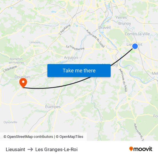 Lieusaint to Les Granges-Le-Roi map