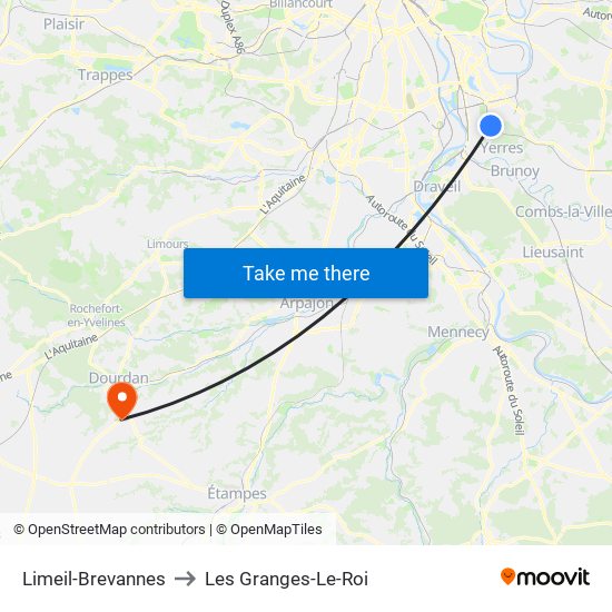 Limeil-Brevannes to Les Granges-Le-Roi map