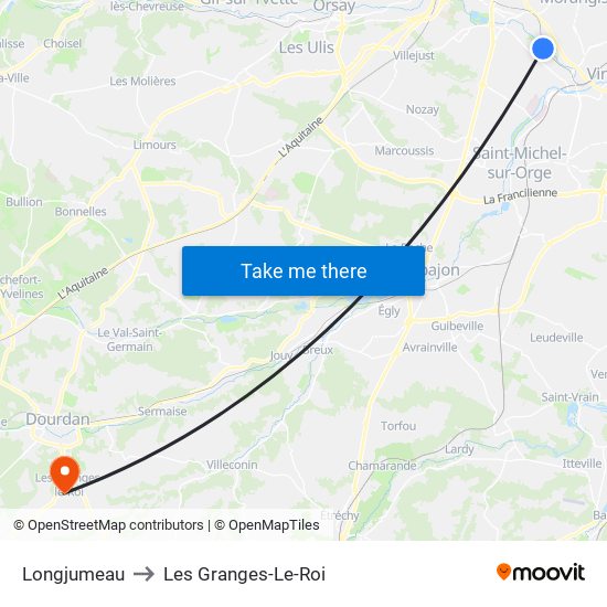 Longjumeau to Les Granges-Le-Roi map
