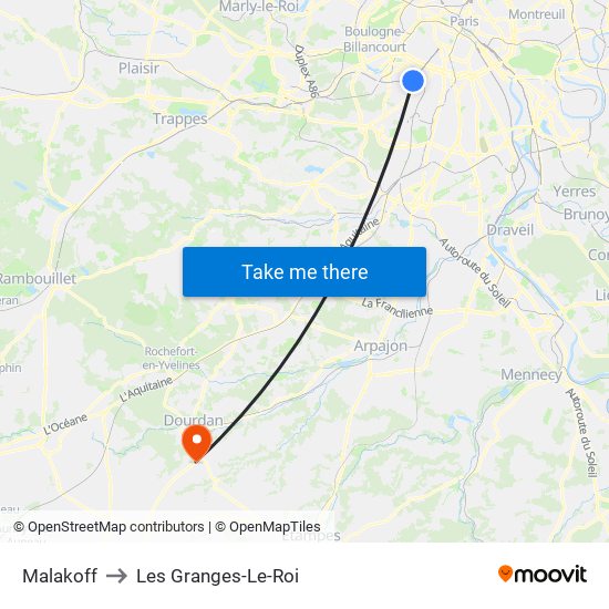 Malakoff to Les Granges-Le-Roi map