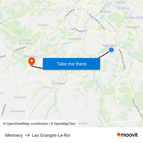 Mennecy to Les Granges-Le-Roi map