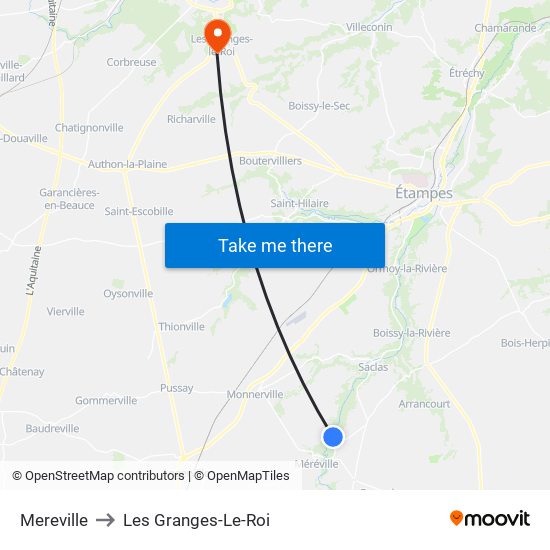 Mereville to Les Granges-Le-Roi map