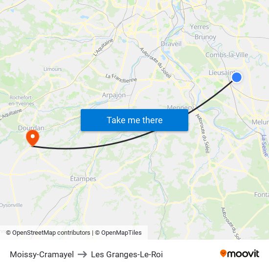 Moissy-Cramayel to Les Granges-Le-Roi map