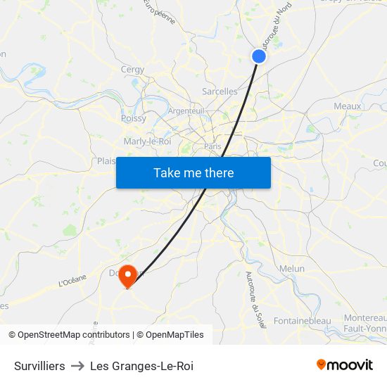 Survilliers to Les Granges-Le-Roi map