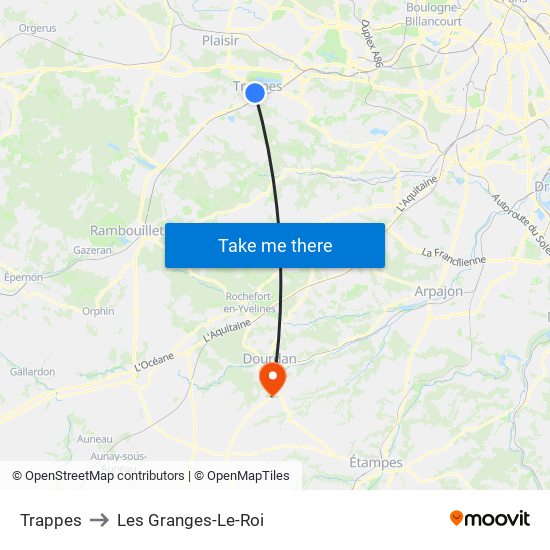 Trappes to Les Granges-Le-Roi map