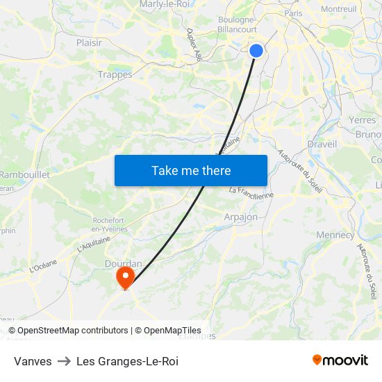 Vanves to Les Granges-Le-Roi map