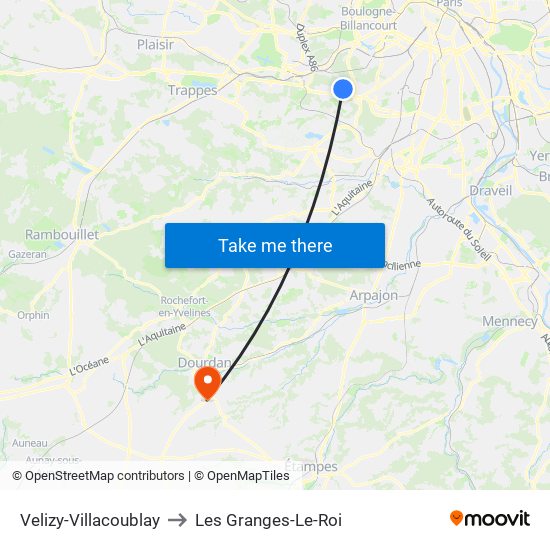 Velizy-Villacoublay to Les Granges-Le-Roi map