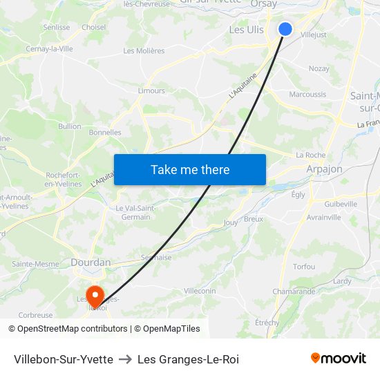 Villebon-Sur-Yvette to Les Granges-Le-Roi map