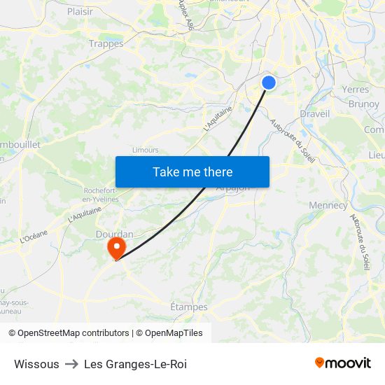 Wissous to Les Granges-Le-Roi map