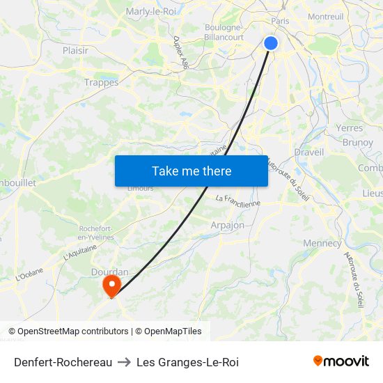 Denfert-Rochereau to Les Granges-Le-Roi map