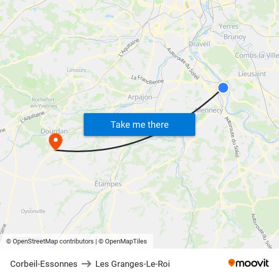 Corbeil-Essonnes to Les Granges-Le-Roi map