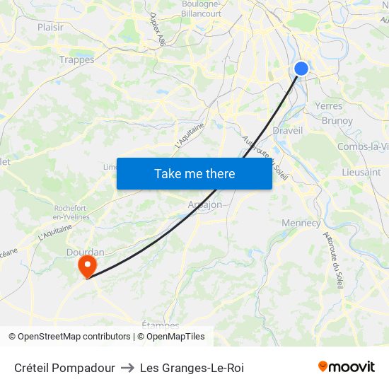 Créteil Pompadour to Les Granges-Le-Roi map