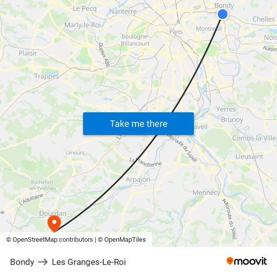 Bondy to Les Granges-Le-Roi map