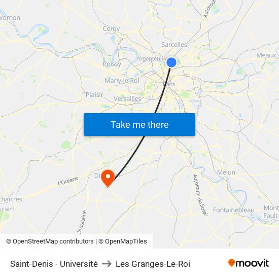 Saint-Denis - Université to Les Granges-Le-Roi map