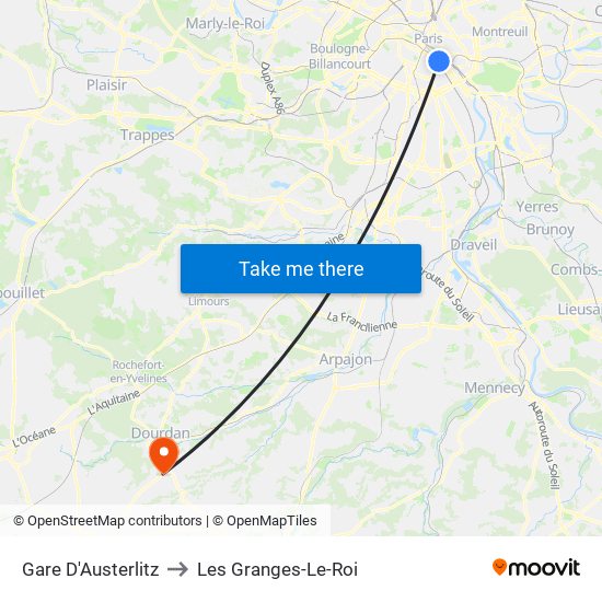 Gare D'Austerlitz to Les Granges-Le-Roi map