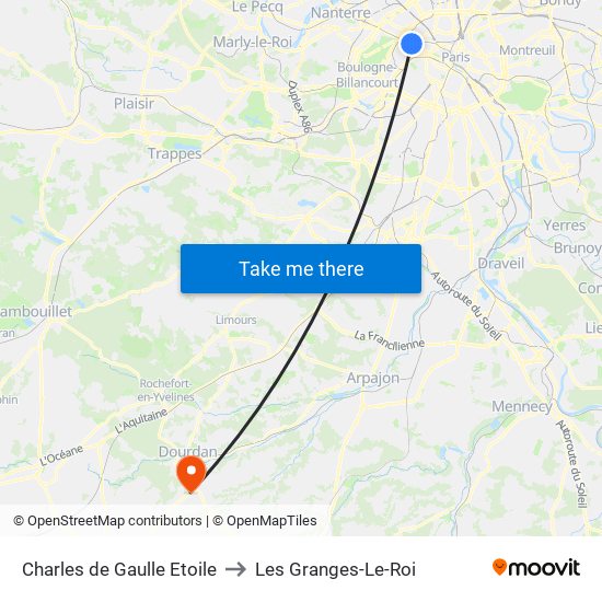 Charles de Gaulle Etoile to Les Granges-Le-Roi map