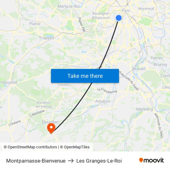 Montparnasse-Bienvenue to Les Granges-Le-Roi map