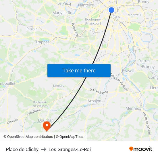 Place de Clichy to Les Granges-Le-Roi map