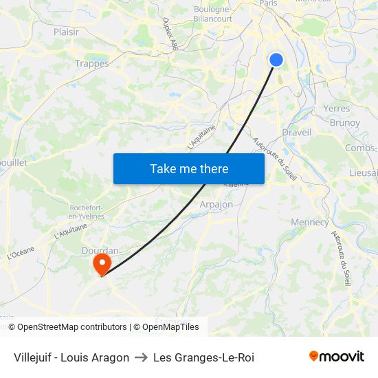Villejuif - Louis Aragon to Les Granges-Le-Roi map