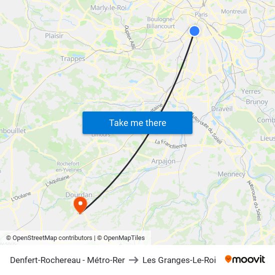 Denfert-Rochereau - Métro-Rer to Les Granges-Le-Roi map
