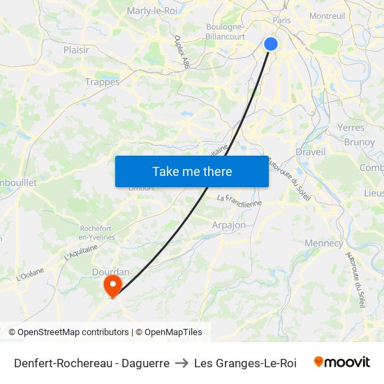 Denfert-Rochereau - Daguerre to Les Granges-Le-Roi map