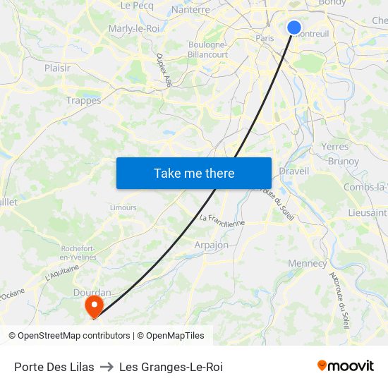 Porte Des Lilas to Les Granges-Le-Roi map
