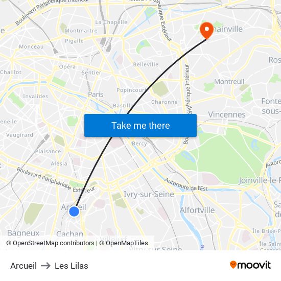 Arcueil to Les Lilas map