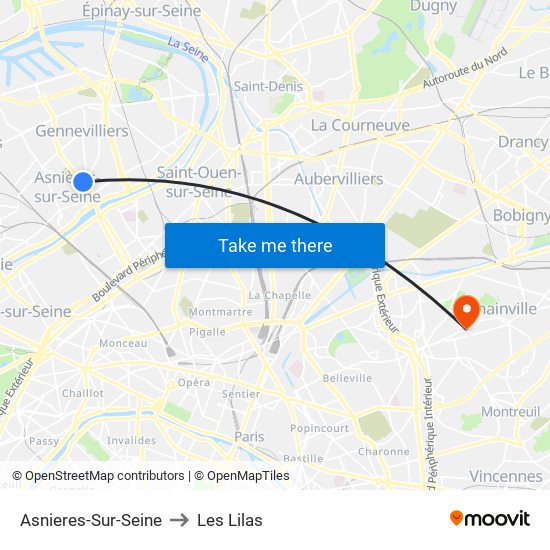 Asnieres-Sur-Seine to Les Lilas map