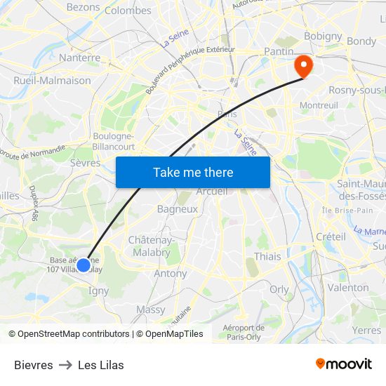 Bievres to Les Lilas map