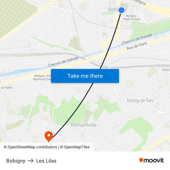 Bobigny to Les Lilas map